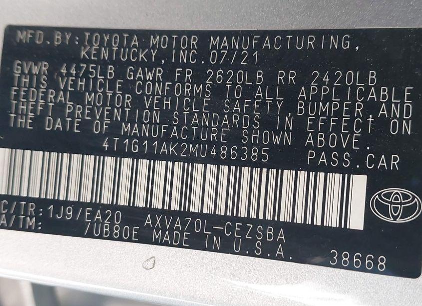 Photo 9 of 2021 Toyota Camry SE (VIN 4T1G11AK2MU486385)