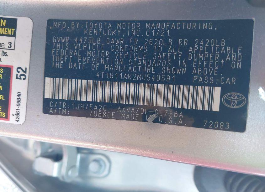 Photo 9 of 2021 Toyota Camry SE (VIN 4T1G11AK2MU540591)