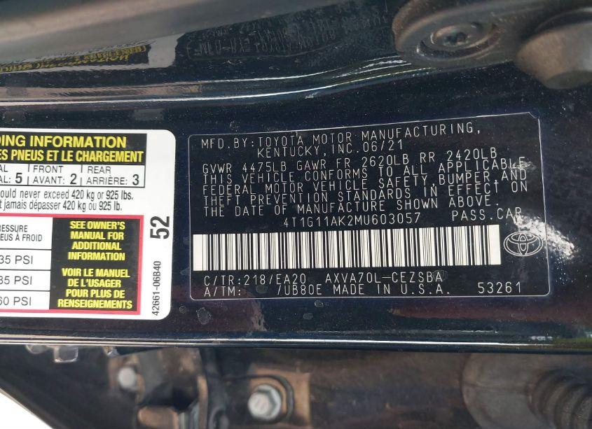 Photo 9 of 2021 Toyota Camry SE (VIN 4T1G11AK2MU603057)