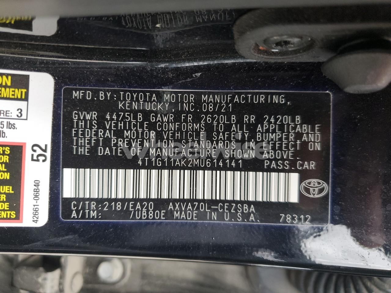 Photo 13 of 2021 TOYOTA CAMRY SE (VIN 4T1G11AK2MU614141)