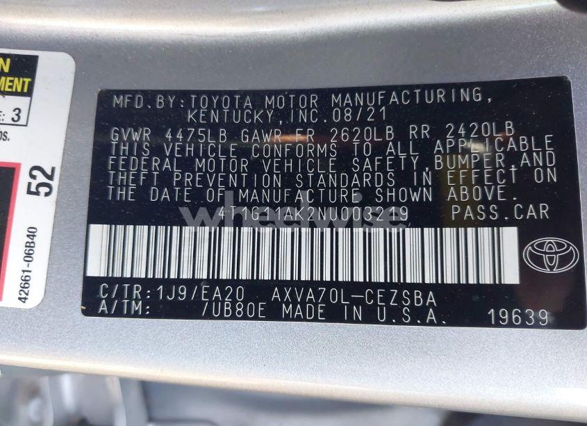 Photo 9 of 2022 Toyota Camry SE (VIN 4T1G11AK2NU003219)