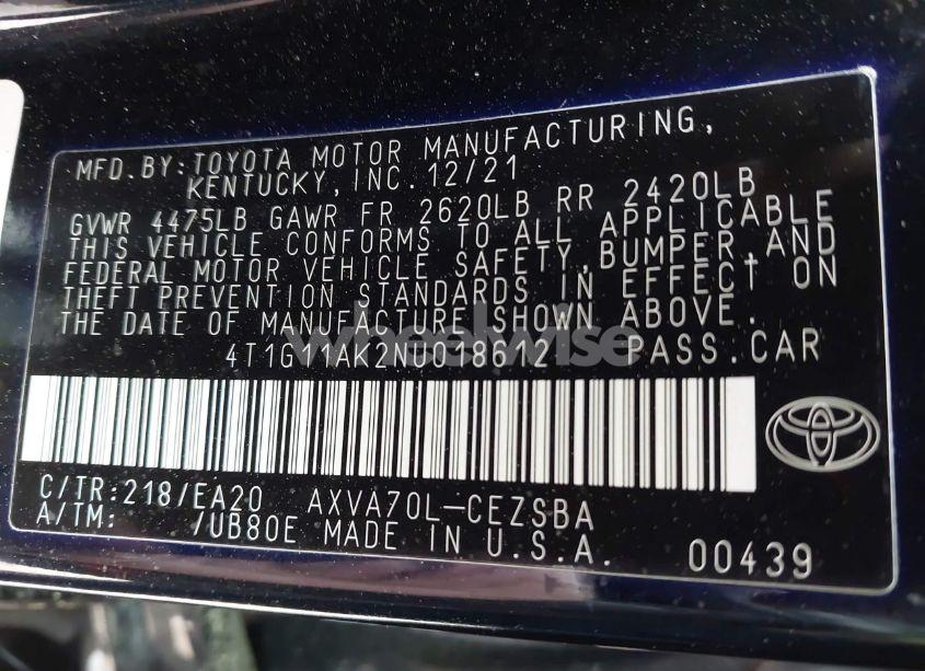 Photo 9 of 2022 Toyota Camry SE (VIN 4T1G11AK2NU018612)
