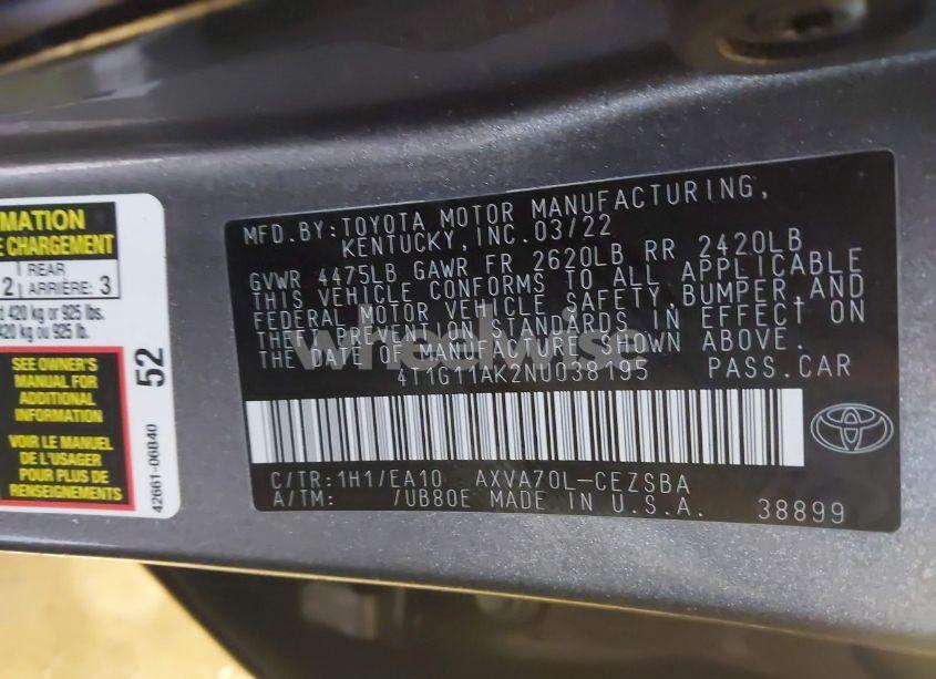 Photo 9 of 2022 Toyota Camry SE (VIN 4T1G11AK2NU038195)