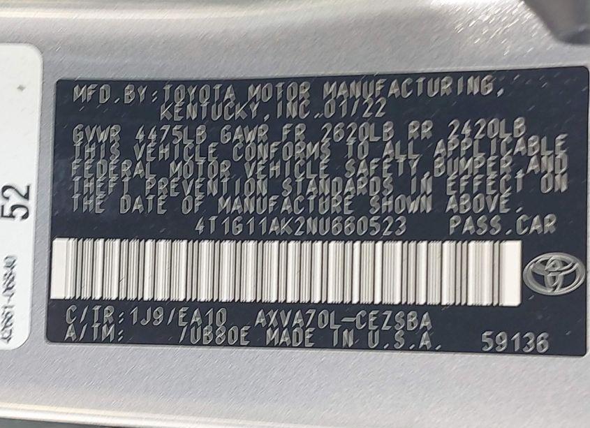 Photo 9 of 2022 Toyota Camry SE (VIN 4T1G11AK2NU660523)