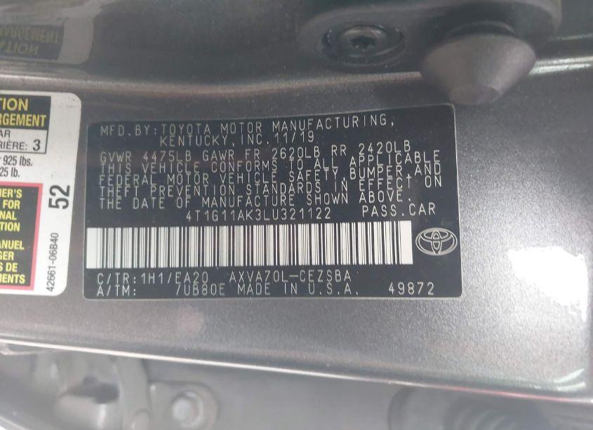 Photo 9 of 2020 Toyota Camry SE (VIN 4T1G11AK3LU321122)