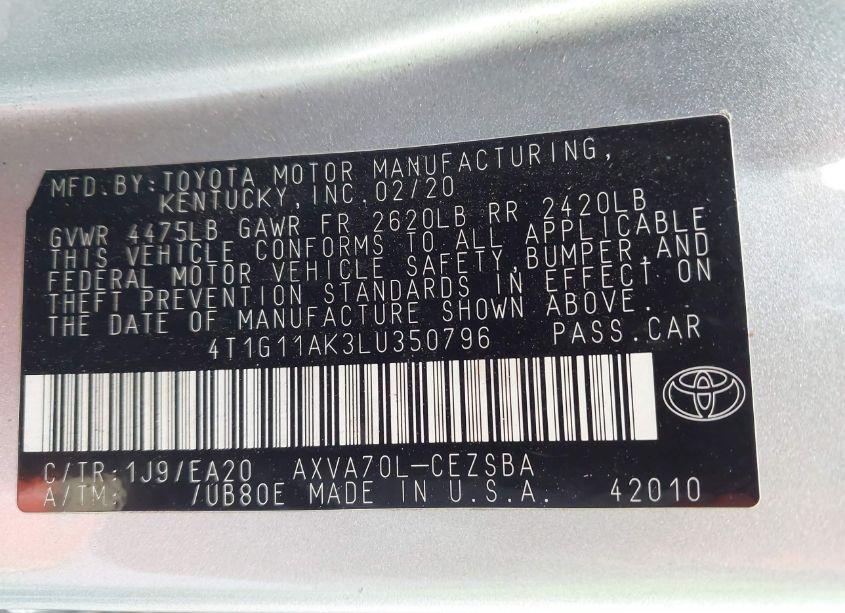 Photo 9 of 2020 Toyota Camry SE (VIN 4T1G11AK3LU350796)