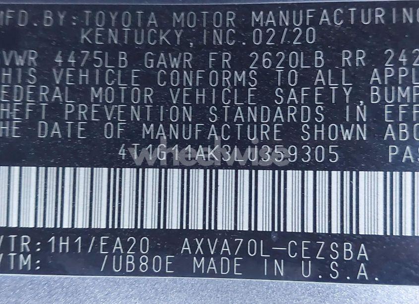 Photo 9 of 2020 Toyota Camry SE (VIN 4T1G11AK3LU359305)