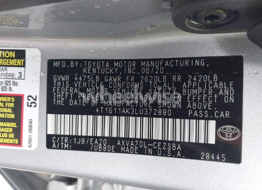 Photo 9 of 2020 Toyota Camry SE (VIN 4T1G11AK3LU372880)