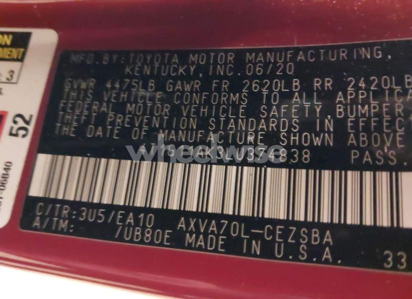 Photo 9 of 2020 Toyota Camry SE (VIN 4T1G11AK3LU374838)