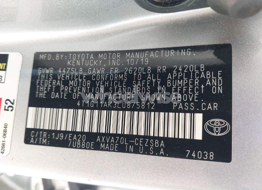 Photo 9 of 2020 Toyota Camry SE (VIN 4T1G11AK3LU875812)