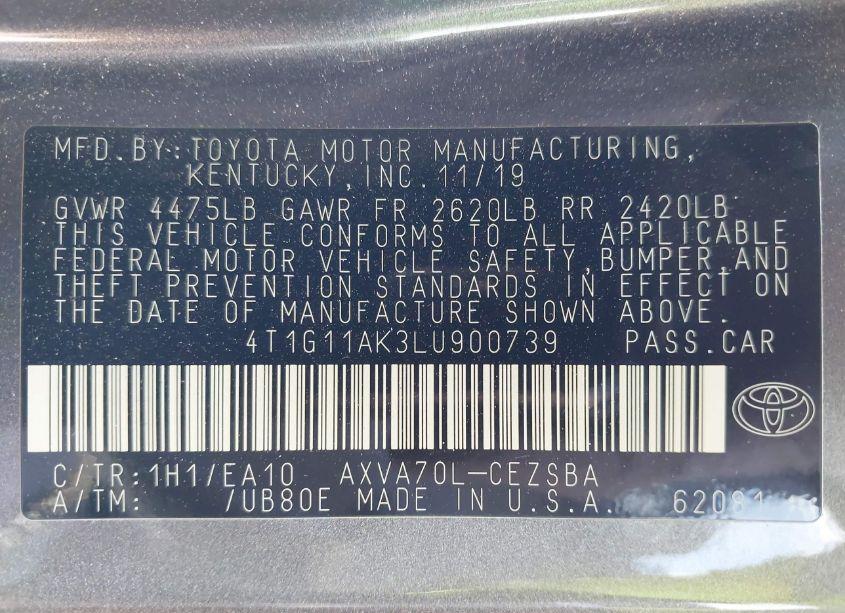 Photo 9 of 2020 Toyota Camry SE (VIN 4T1G11AK3LU900739)