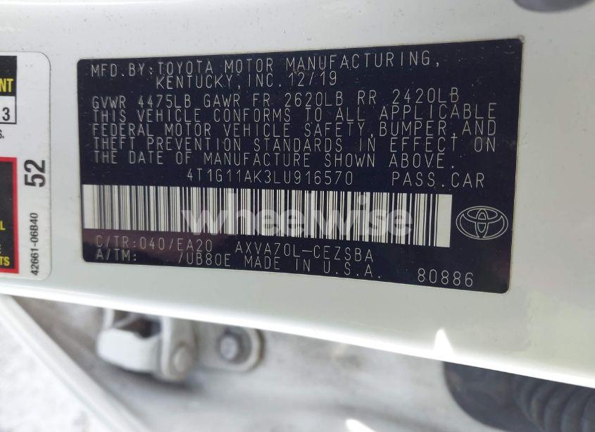 Photo 9 of 2020 Toyota Camry SE (VIN 4T1G11AK3LU916570)