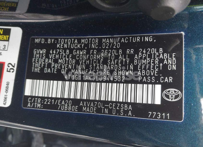 Photo 9 of 2020 Toyota Camry SE (VIN 4T1G11AK3LU944532)