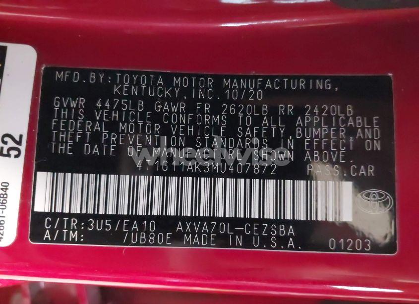 Photo 9 of 2021 Toyota Camry SE (VIN 4T1G11AK3MU407872)