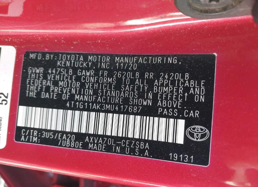 Photo 9 of 2021 Toyota Camry SE (VIN 4T1G11AK3MU417687)