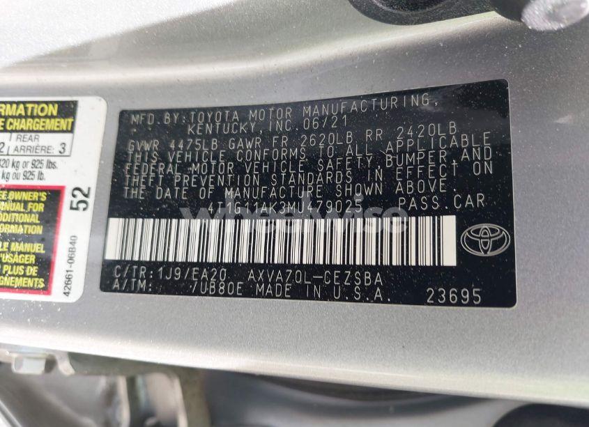 Photo 9 of 2021 Toyota Camry SE/SE NIGHTSHADE EDITION (VIN 4T1G11AK3MU479025)