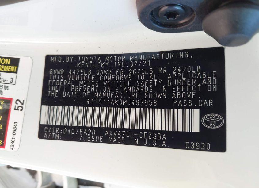 Photo 9 of 2021 Toyota Camry SE (VIN 4T1G11AK3MU493958)