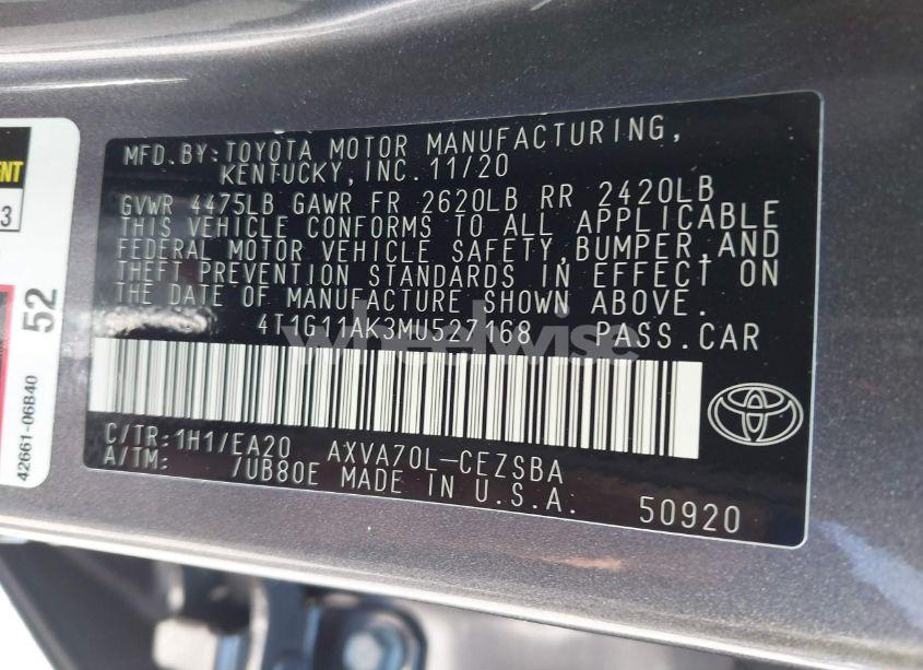 Photo 9 of 2021 Toyota Camry SE (VIN 4T1G11AK3MU527168)
