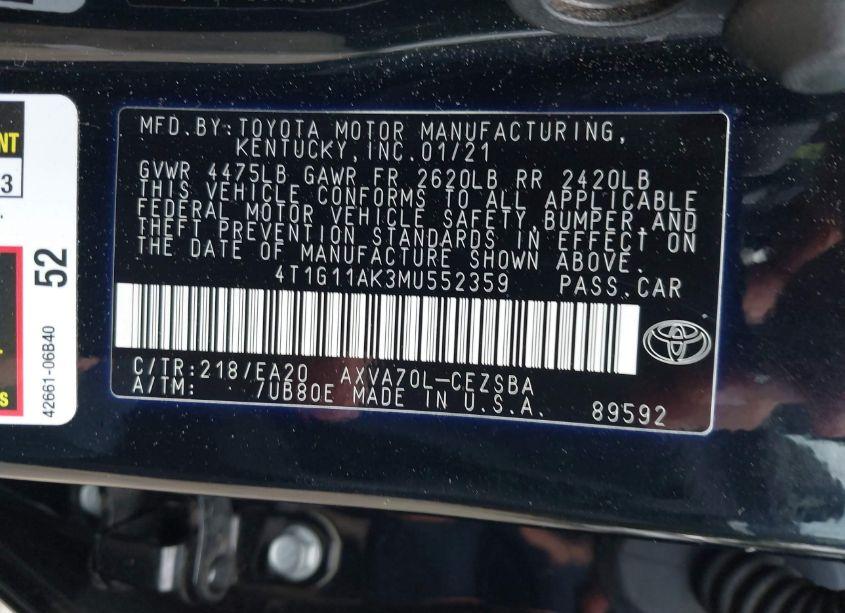 Photo 9 of 2021 Toyota Camry SE (VIN 4T1G11AK3MU552359)