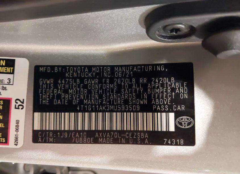 Photo 9 of 2021 Toyota Camry SE (VIN 4T1G11AK3MU593509)