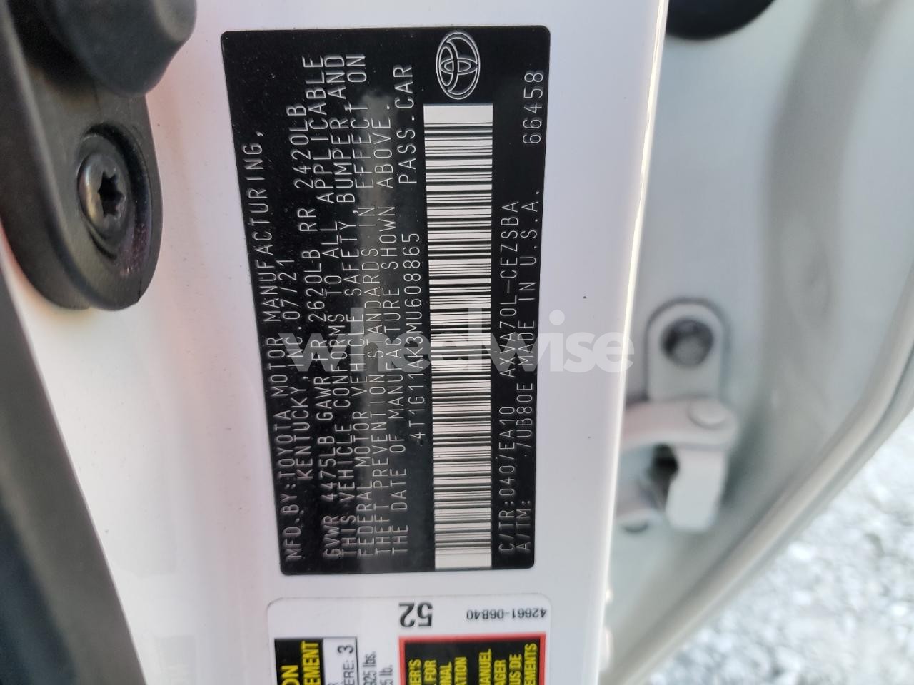 Photo 12 of 2021 TOYOTA CAMRY SE (VIN 4T1G11AK3MU608865)