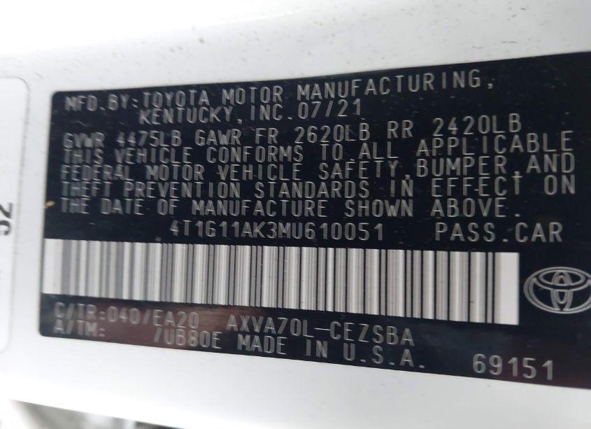 Photo 9 of 2021 Toyota Camry SE (VIN 4T1G11AK3MU610051)