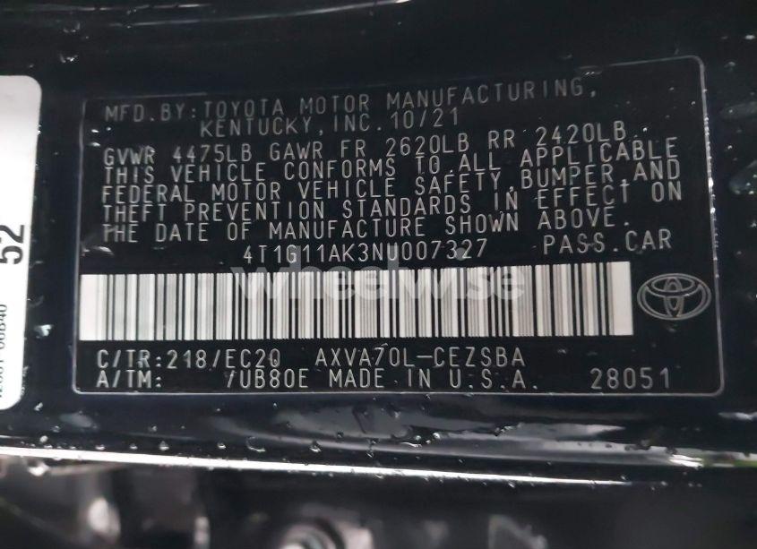 Photo 9 of 2022 Toyota Camry SE NIGHTSHADE EDITION (VIN 4T1G11AK3NU007327)