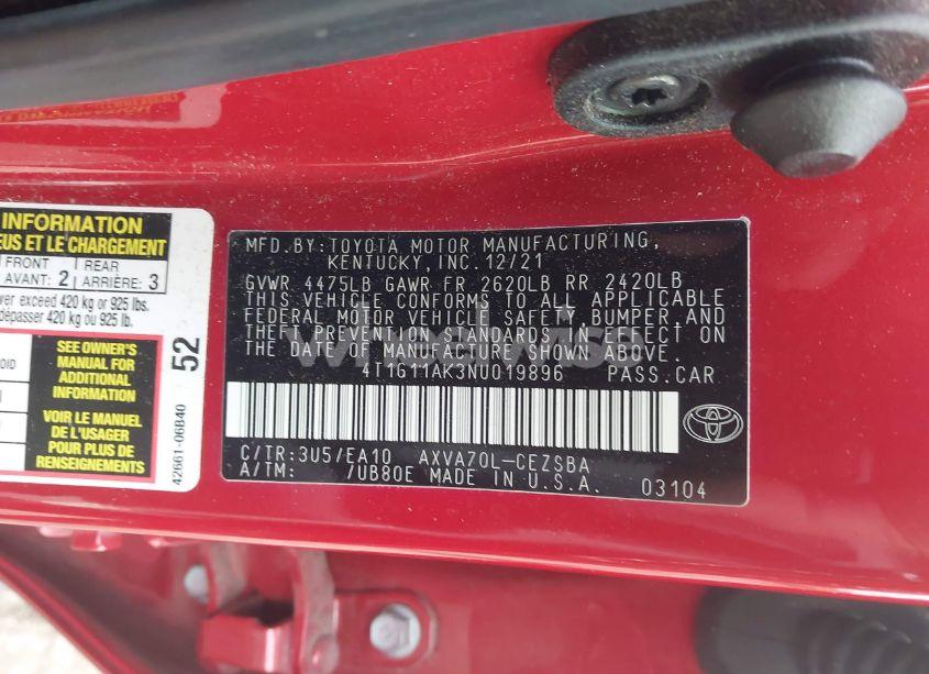 Photo 9 of 2022 Toyota Camry SE (VIN 4T1G11AK3NU019896)