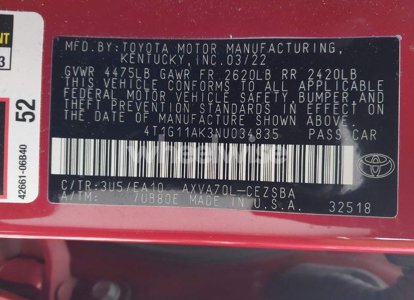 Photo 9 of 2022 Toyota Camry SE (VIN 4T1G11AK3NU034835)