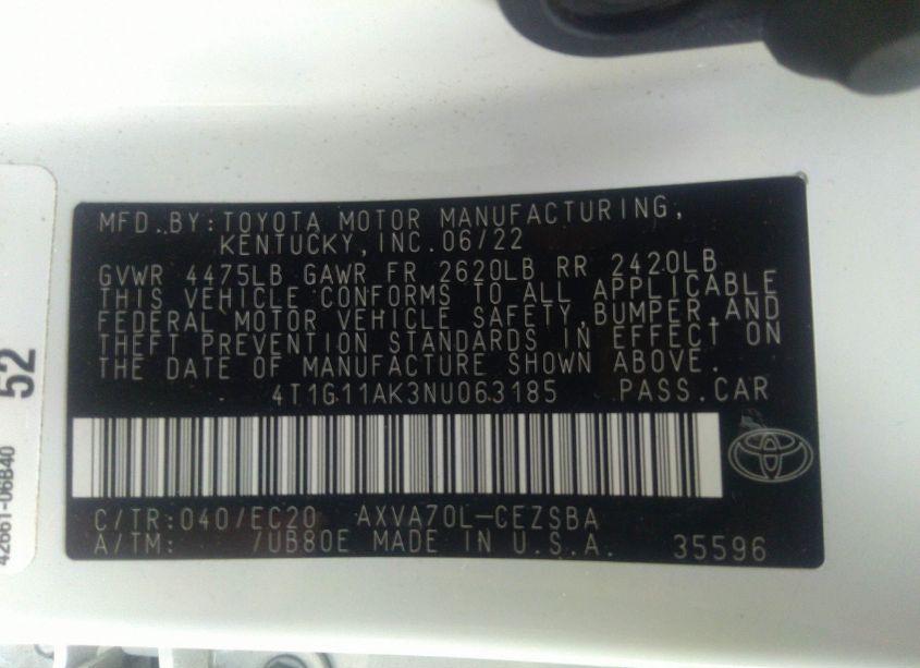 Photo 9 of 2022 Toyota Camry SE NIGHTSHADE EDITION (VIN 4T1G11AK3NU063185)