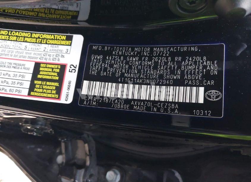 Photo 9 of 2022 Toyota Camry SE (VIN 4T1G11AK3NU072940)