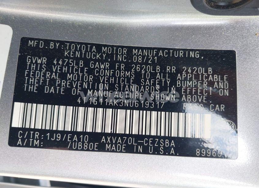 Photo 9 of 2022 Toyota Camry SE (VIN 4T1G11AK3NU619317)