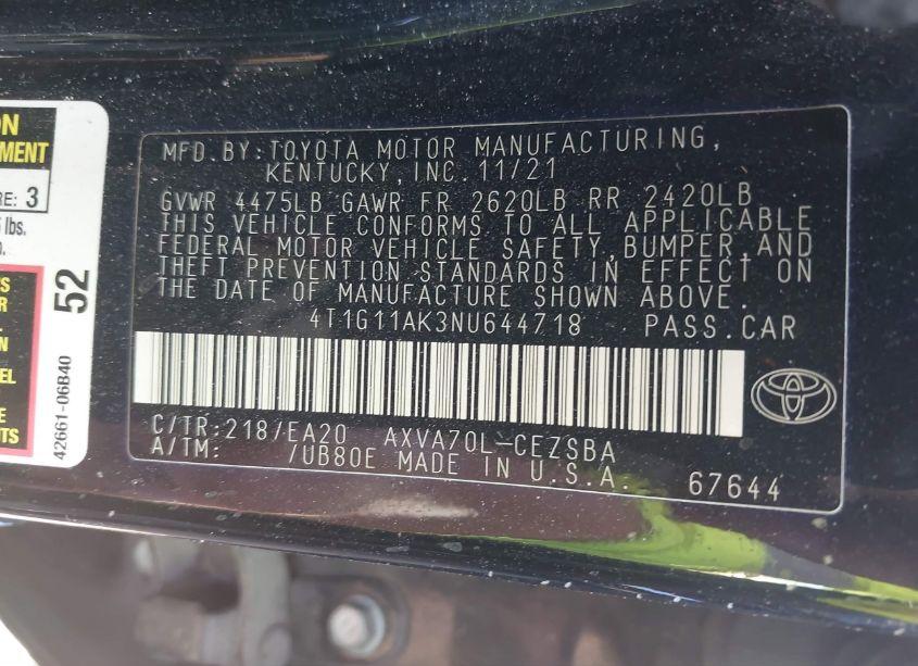 Photo 9 of 2022 Toyota Camry SE (VIN 4T1G11AK3NU644718)