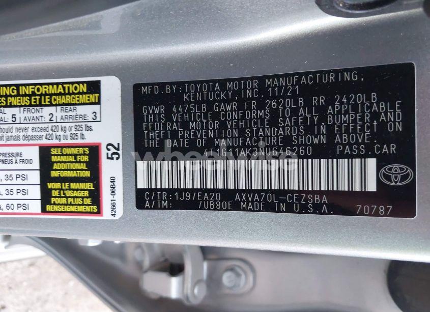 Photo 9 of 2022 Toyota Camry SE (VIN 4T1G11AK3NU646260)