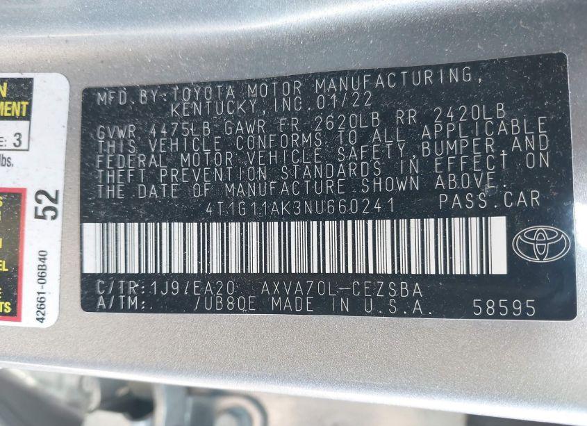 Photo 9 of 2022 Toyota Camry SE (VIN 4T1G11AK3NU660241)