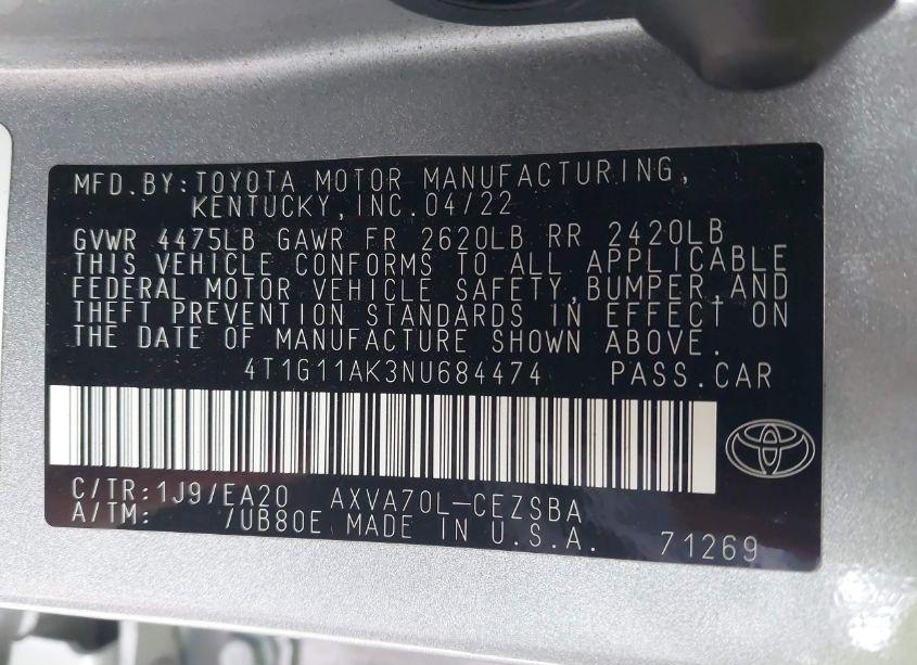 Photo 9 of 2022 Toyota Camry SE (VIN 4T1G11AK3NU684474)