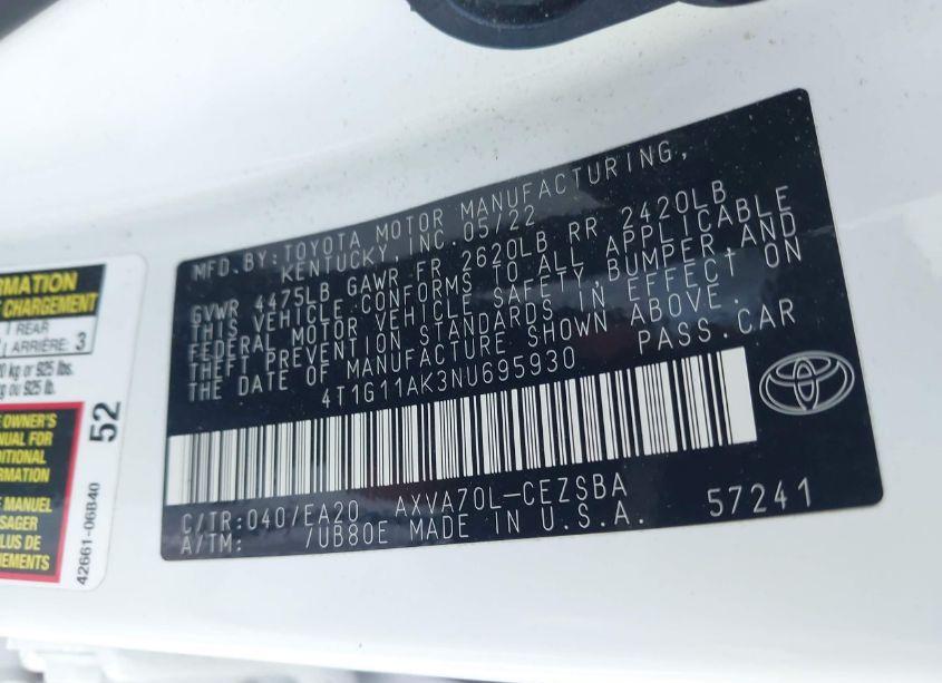 Photo 9 of 2022 Toyota Camry SE/SE NIGHT SHADE (VIN 4T1G11AK3NU695930)