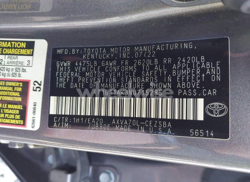 Photo 9 of 2022 Toyota Camry SE (VIN 4T1G11AK3NU715285)