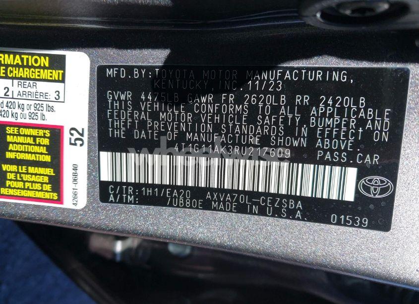 Photo 9 of 2024 Toyota Camry SE (VIN 4T1G11AK3RU217609)