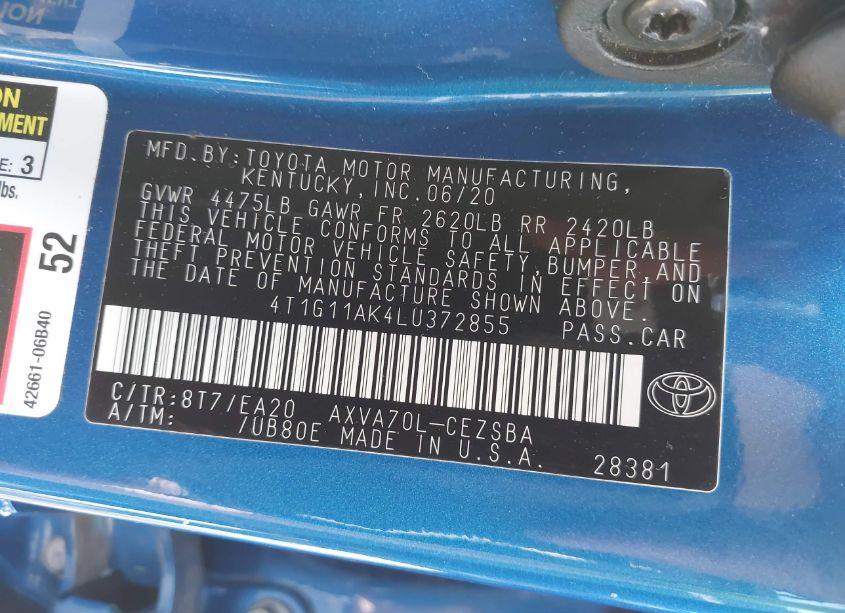 Photo 9 of 2020 Toyota Camry SE (VIN 4T1G11AK4LU372855)