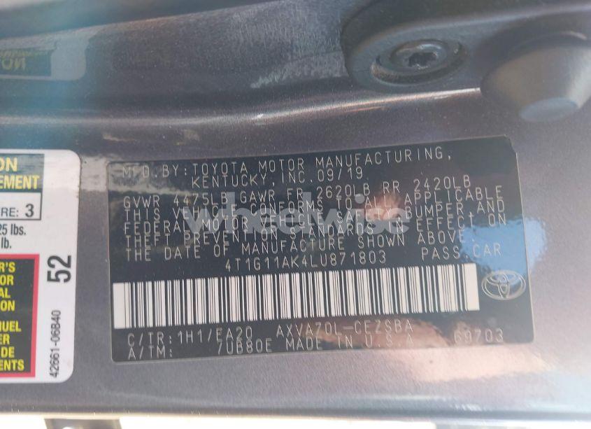 Photo 9 of 2020 Toyota Camry SE (VIN 4T1G11AK4LU871803)