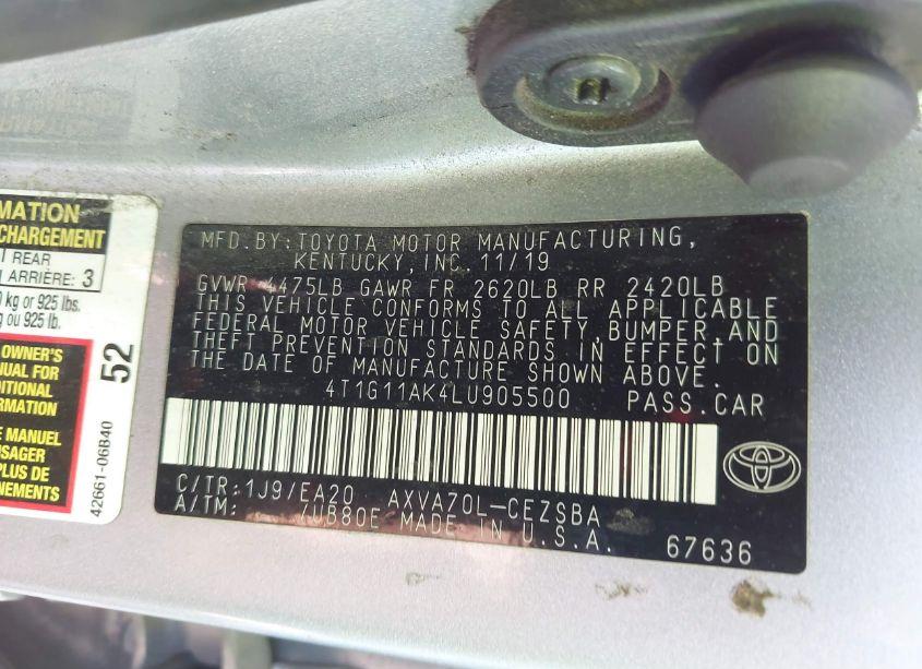 Photo 9 of 2020 Toyota Camry SE (VIN 4T1G11AK4LU905500)