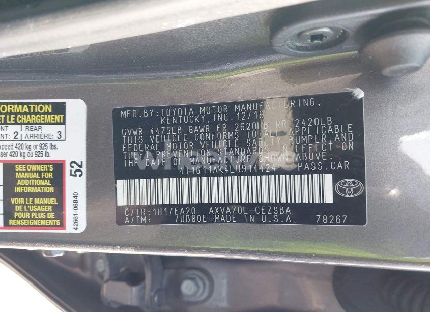 Photo 9 of 2020 Toyota Camry SE (VIN 4T1G11AK4LU914424)