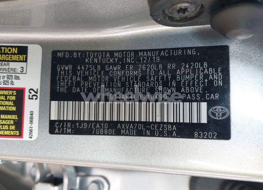 Photo 9 of 2020 Toyota Camry SE (VIN 4T1G11AK4LU918490)