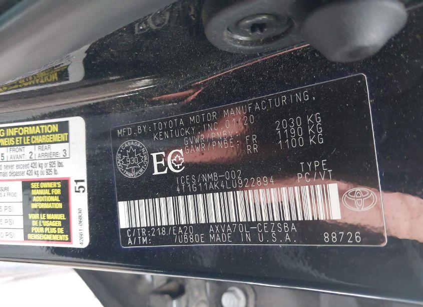 Photo 9 of 2020 Toyota Camry SE (VIN 4T1G11AK4LU922894)