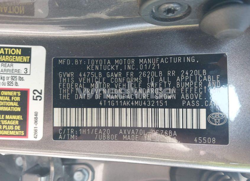 Photo 9 of 2021 Toyota Camry SE (VIN 4T1G11AK4MU432151)