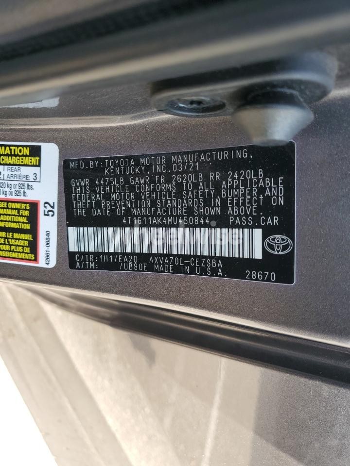 Photo 12 of 2021 TOYOTA CAMRY SE (VIN 4T1G11AK4MU450844)