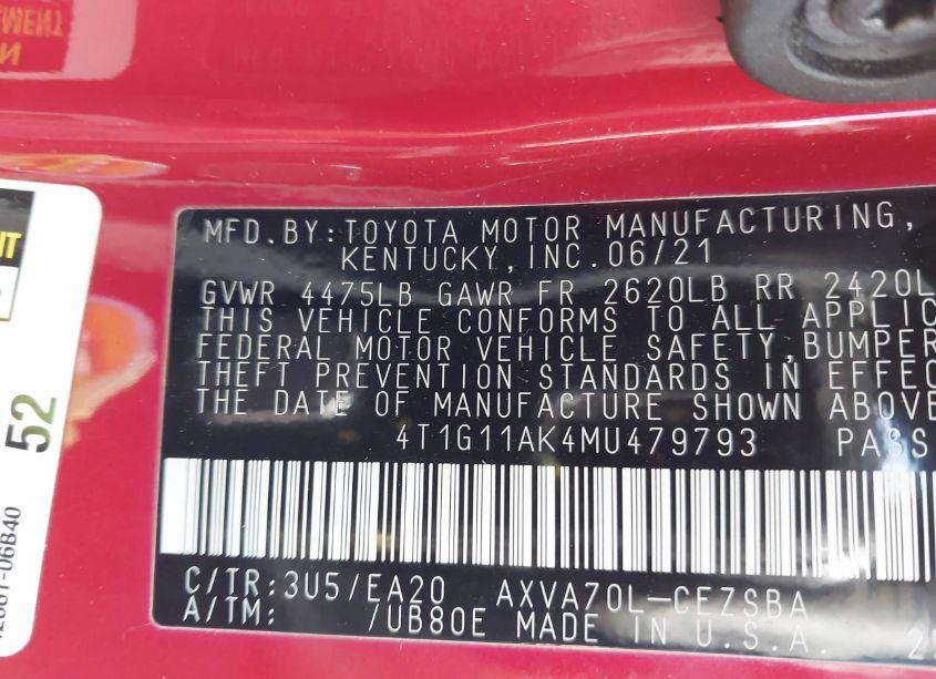 Photo 9 of 2021 Toyota Camry SE (VIN 4T1G11AK4MU479793)