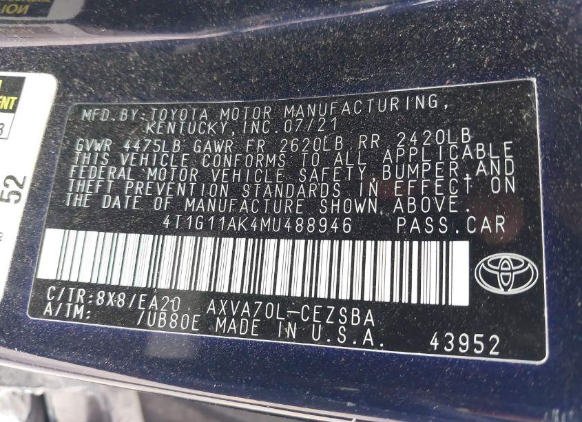 Photo 9 of 2021 Toyota Camry SE (VIN 4T1G11AK4MU488946)