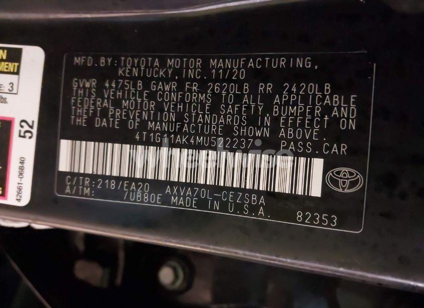 Photo 9 of 2021 Toyota Camry SE (VIN 4T1G11AK4MU522237)